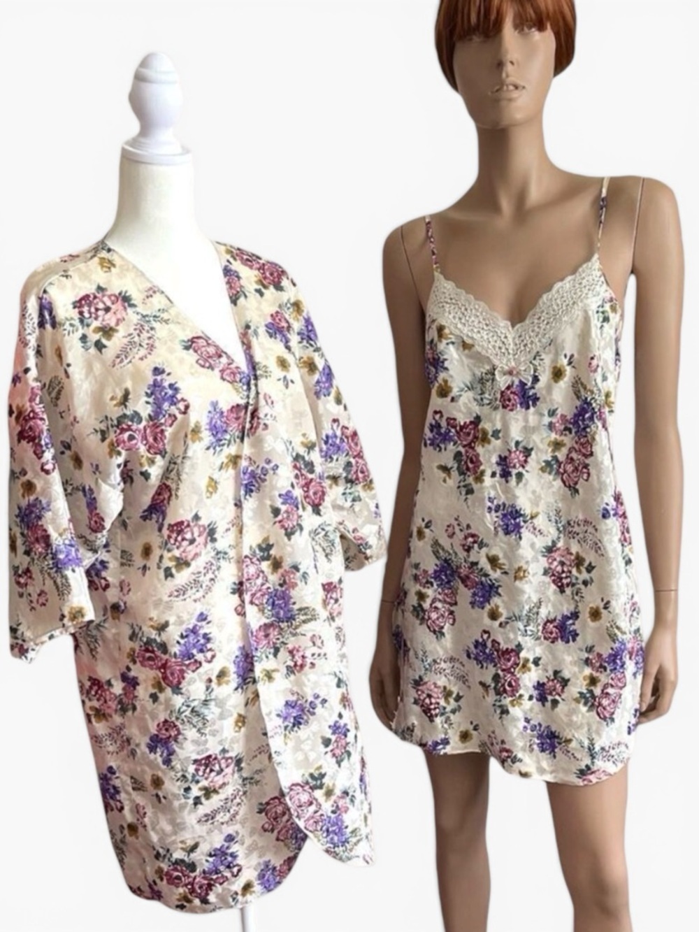 Vintage California Miss Set Size Small Purple Floral Satin Nightgown Robe
